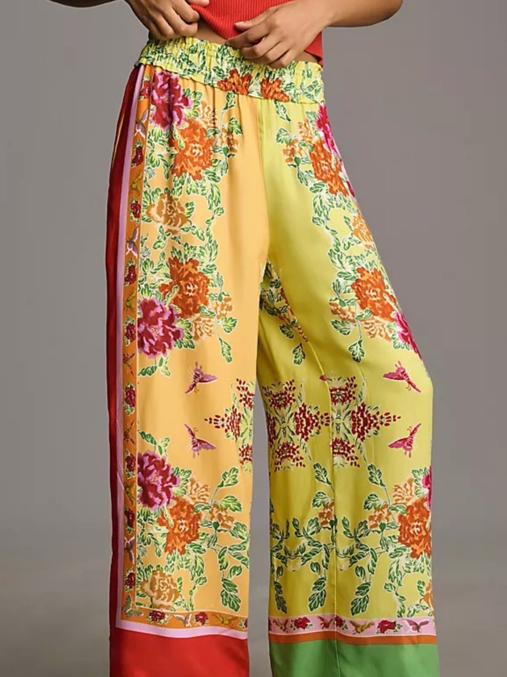 Anthropologie Yellow Multi Floral Wide-Leg Pull-On Pants Size S